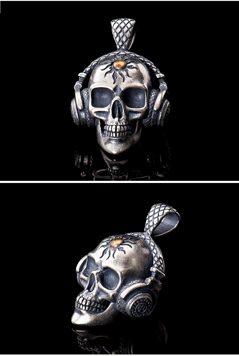 朋克潮牌机车吊坠男项链音乐骷髅头耳机骷髅吊坠s925纯银摇滚银饰