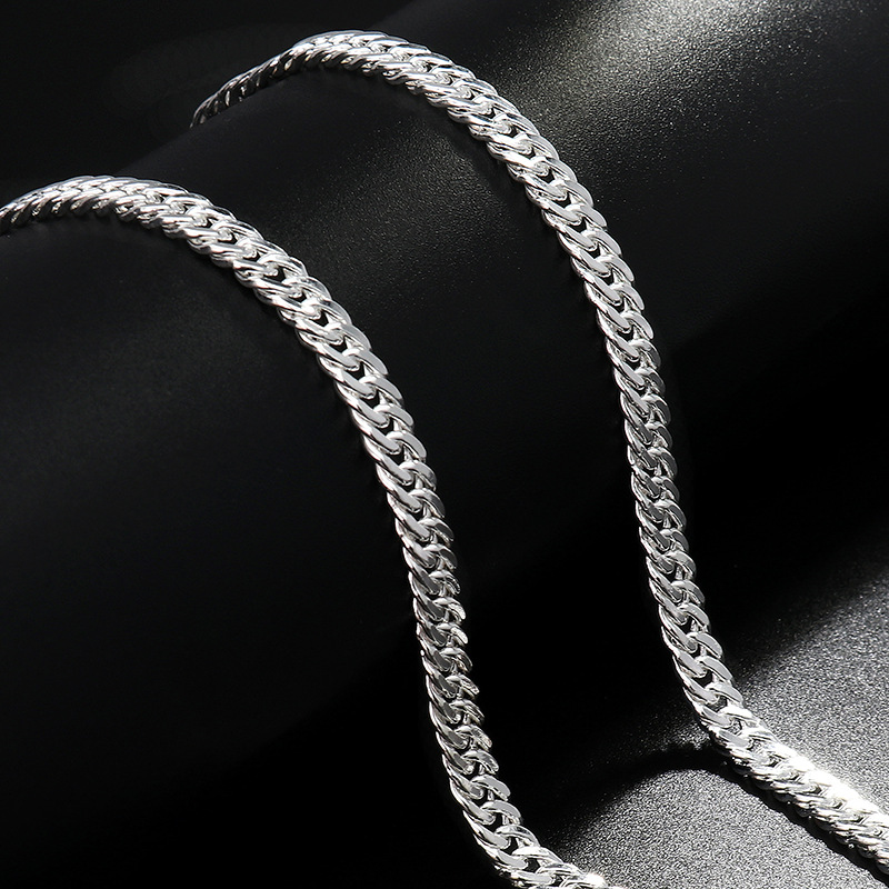 银项链男 纯银链99足银正品霸气粗款马鞭双环老板链男士纯银项链