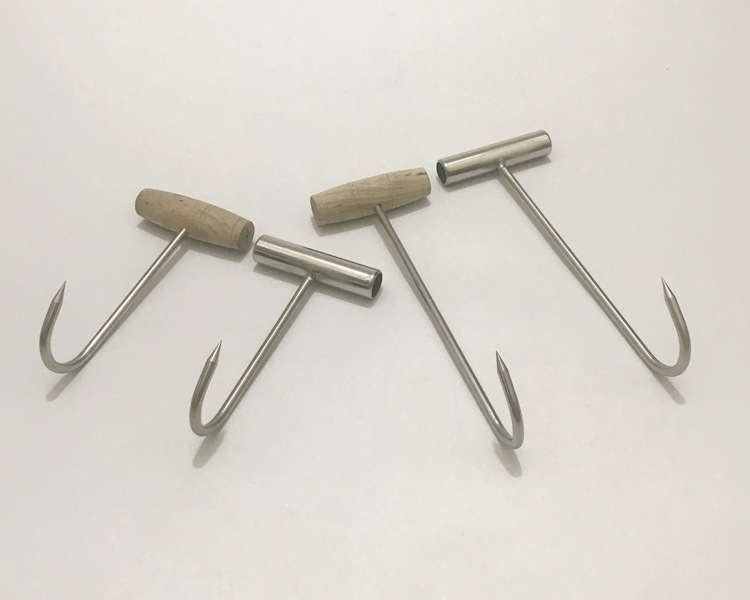 不锈钢屠宰场拖猪丁字钩 手拉木柄丁字肉勾 钢柄烧腊提肉物丁字勾