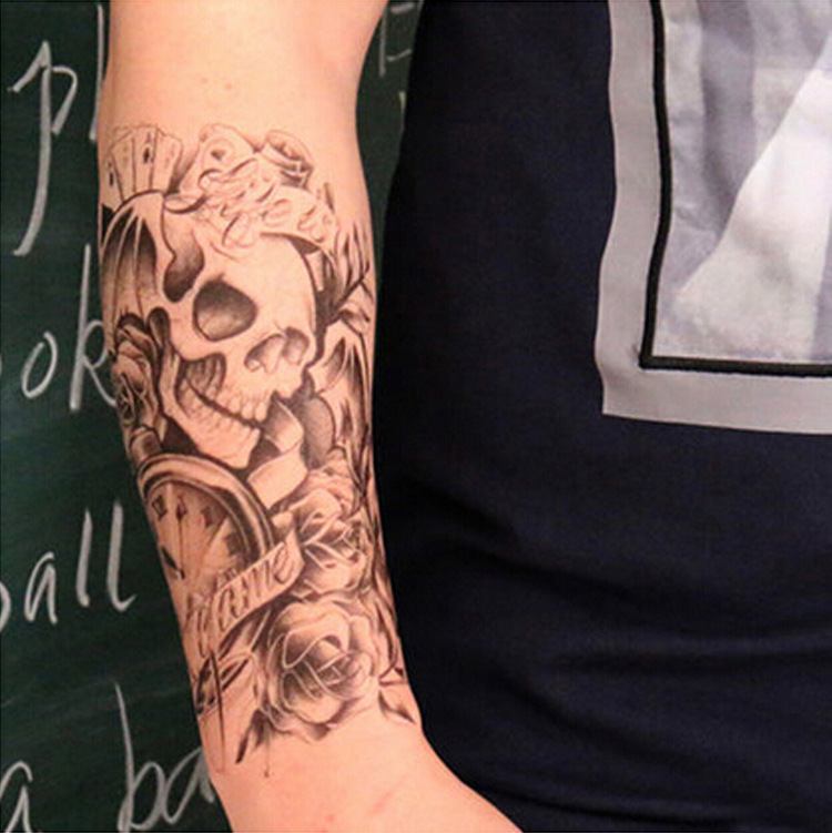 黑白骷髅头花臂纹身贴大图半臂欧美纹身刺青图腾纸牌骷髅头男女款