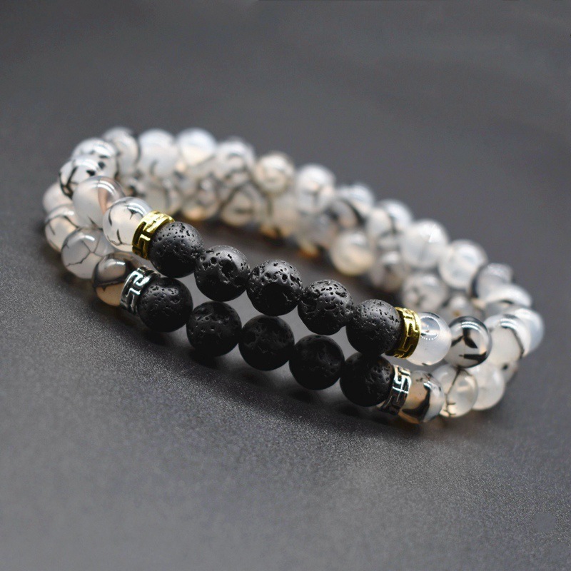 8mm石头手链金色银色黑色纹路玛瑙珠子手串火山石情侣男女饰品