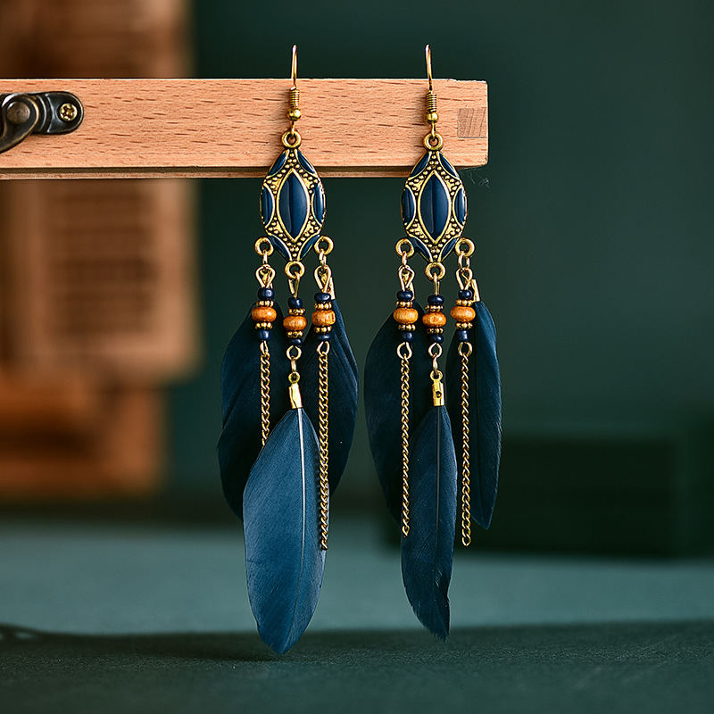 Daisy New Creative Retro Tassel Feather Earrings Women's Long Drop Earrings European and American Bohemian Ornament