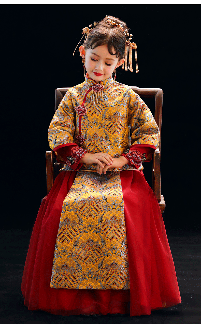 2020新款儿童礼服女童古装加厚中式秀禾服花童两件套古筝演出旗袍