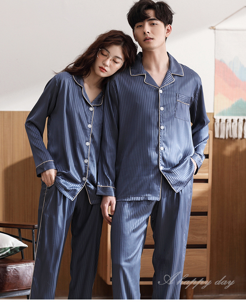 2019安得妮韩国情侣条纹睡衣春秋长袖套装真丝睡衣男女士冰丝睡衣