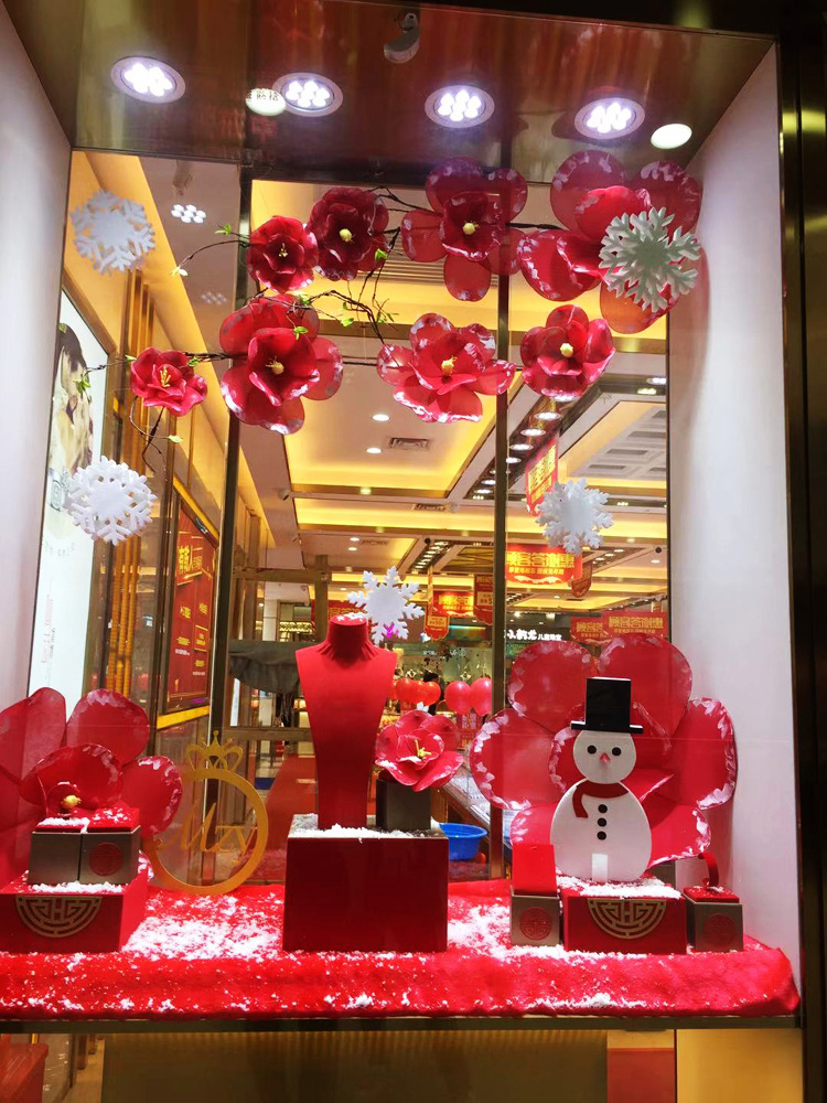 七夕节庆美陈珠宝店窗腊梅冬雪场景布置金店橱窗装饰创意中式道具