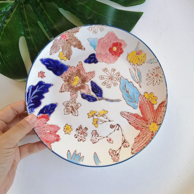 8-Inch Japanese Style Hand Drawn Ceramic Steak Western Cuisine Plate Personality Dessert Plate Home Art Cutlery Plate Banquet Plate