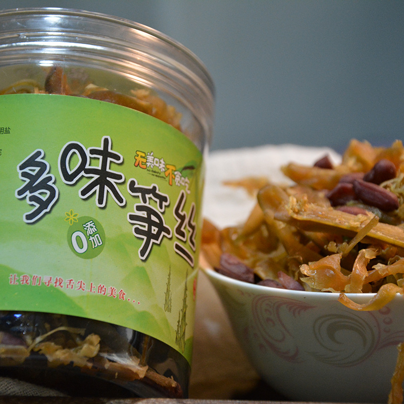批发临安特产多味笋丝花生笋丝含罐 250g农家多味笋丝加工厂家