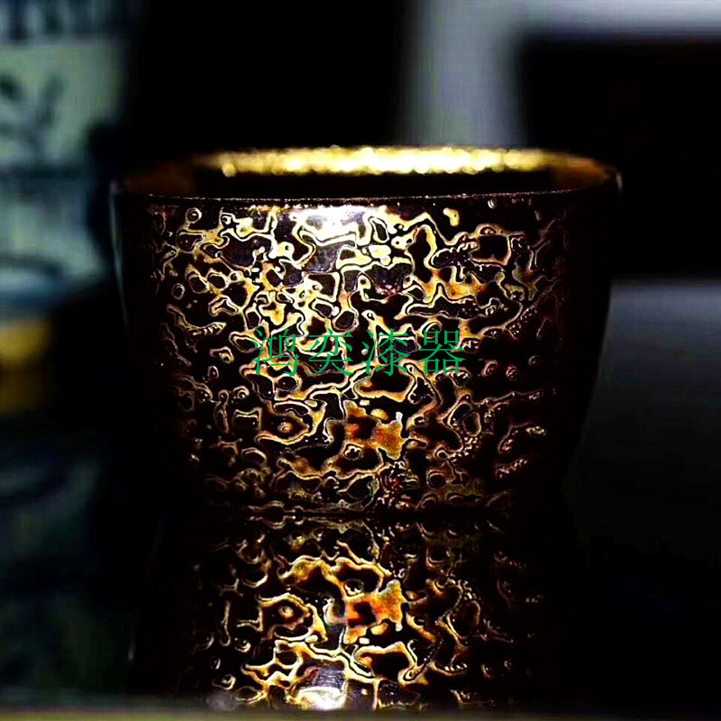 大漆紫砂鎏金杯 犀皮漆器功夫茶杯 创意漆器手工艺商务礼品主人杯