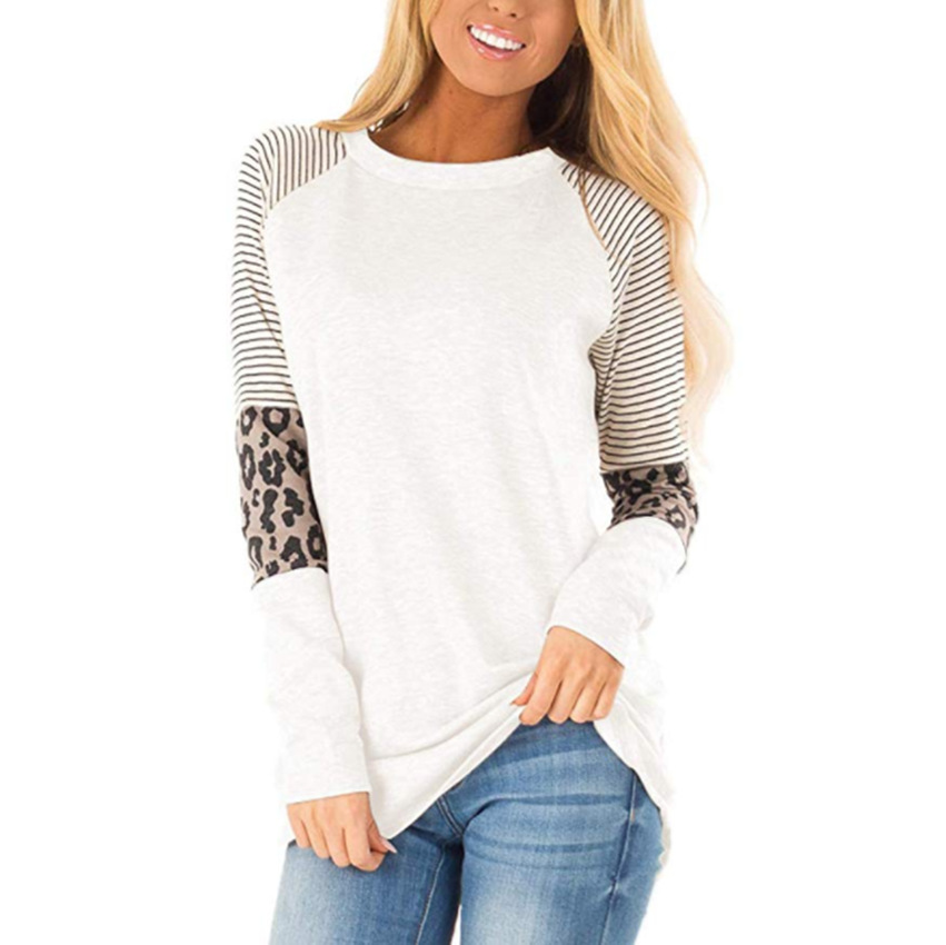 2019 Autumn and Winter New Amazon Hot Women's Leopard Print round Neck Long Sleeve T-shirt in Contrast Color