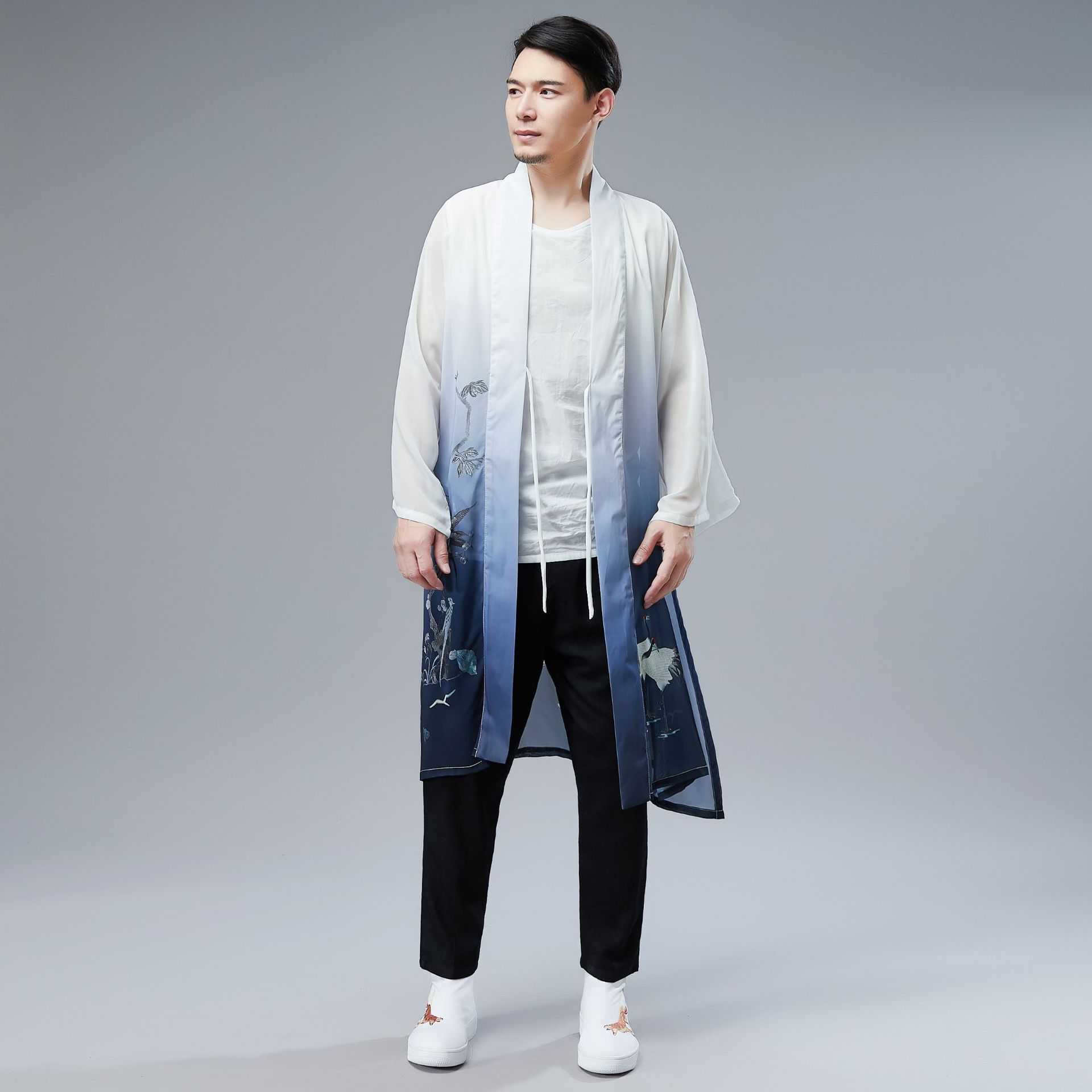 2019夏季新款 百鸟汉服 中国风雪纺印花改良汉服男装中式开衫薄款