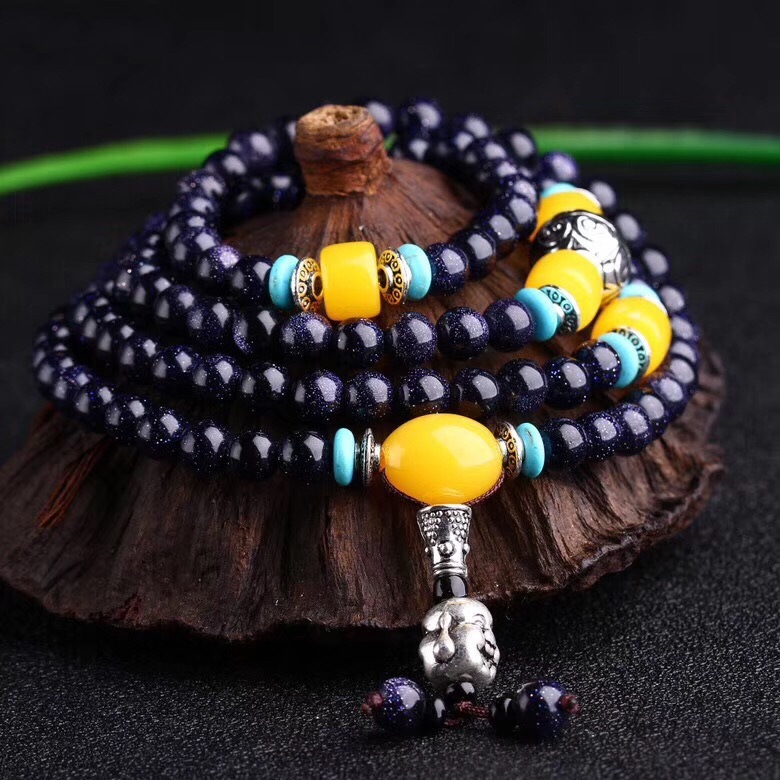 蓝沙石手链男女款 蓝砂石手串 情侣水晶饰品星辰石108颗佛珠礼物