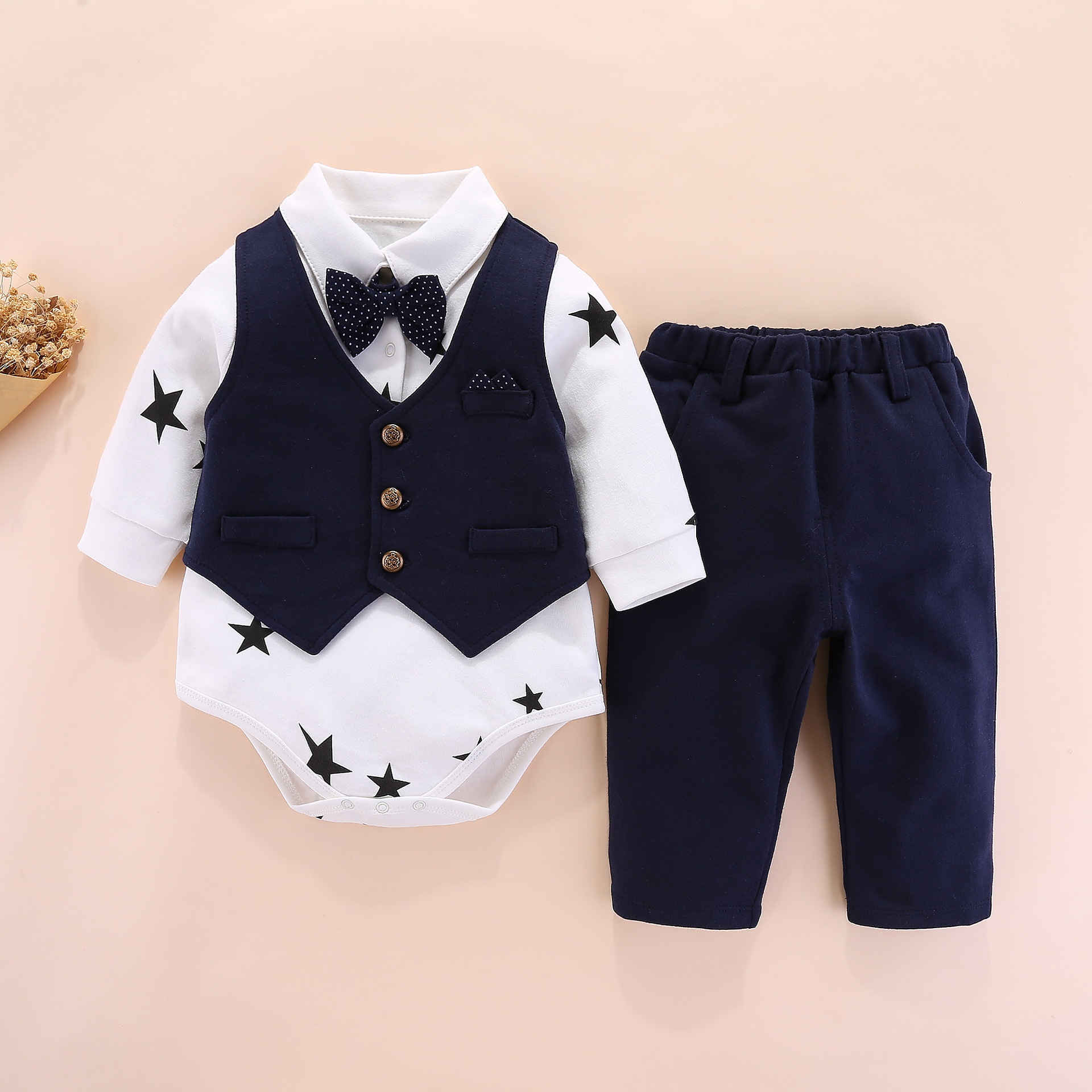 预售新款婴儿服装绅士套装韩版爬服长袖连体衣婴儿衣服春