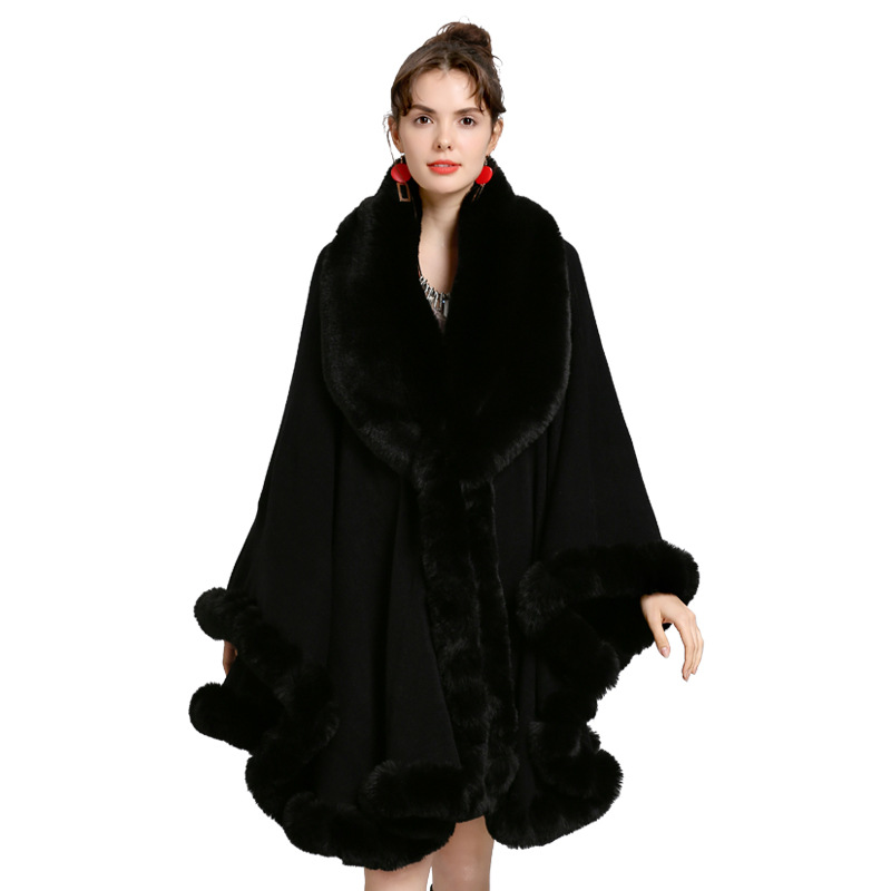 European and American New Large Size Coat Women's Cape and Shawl Loose Faux Fur Collar Knitted Cardigan Shawl Cape 1561#