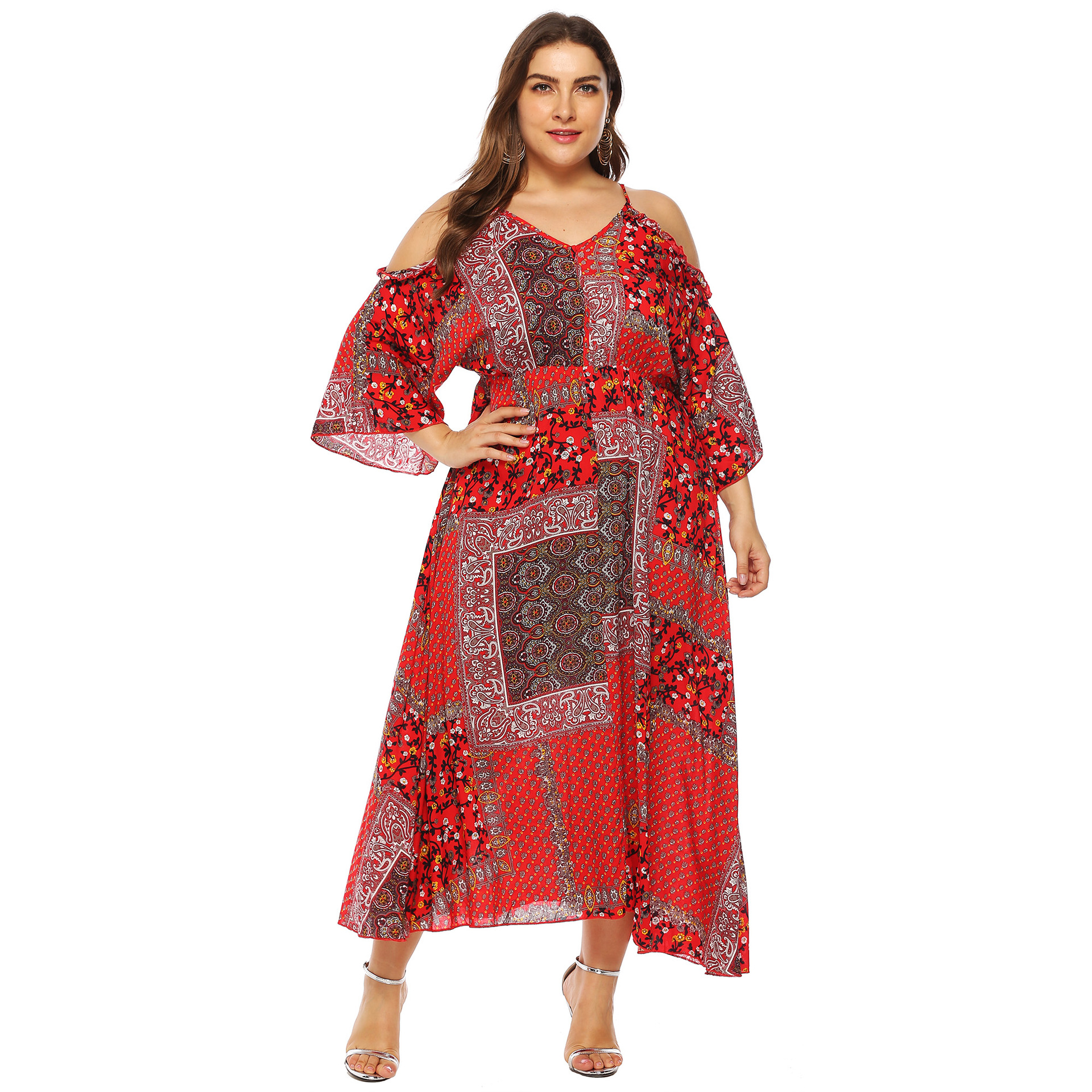 大码女装复古印花棉质舒适吊带露肩喇叭袖收腰长款连衣裙女f11020