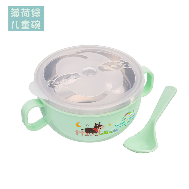 New Stainless Steel Children's Bowl Cartoon Double Handle with Lid Spoon Rice Bowl Baby Food Supplement Tableware Children Drop-Proof and Hot-Proof