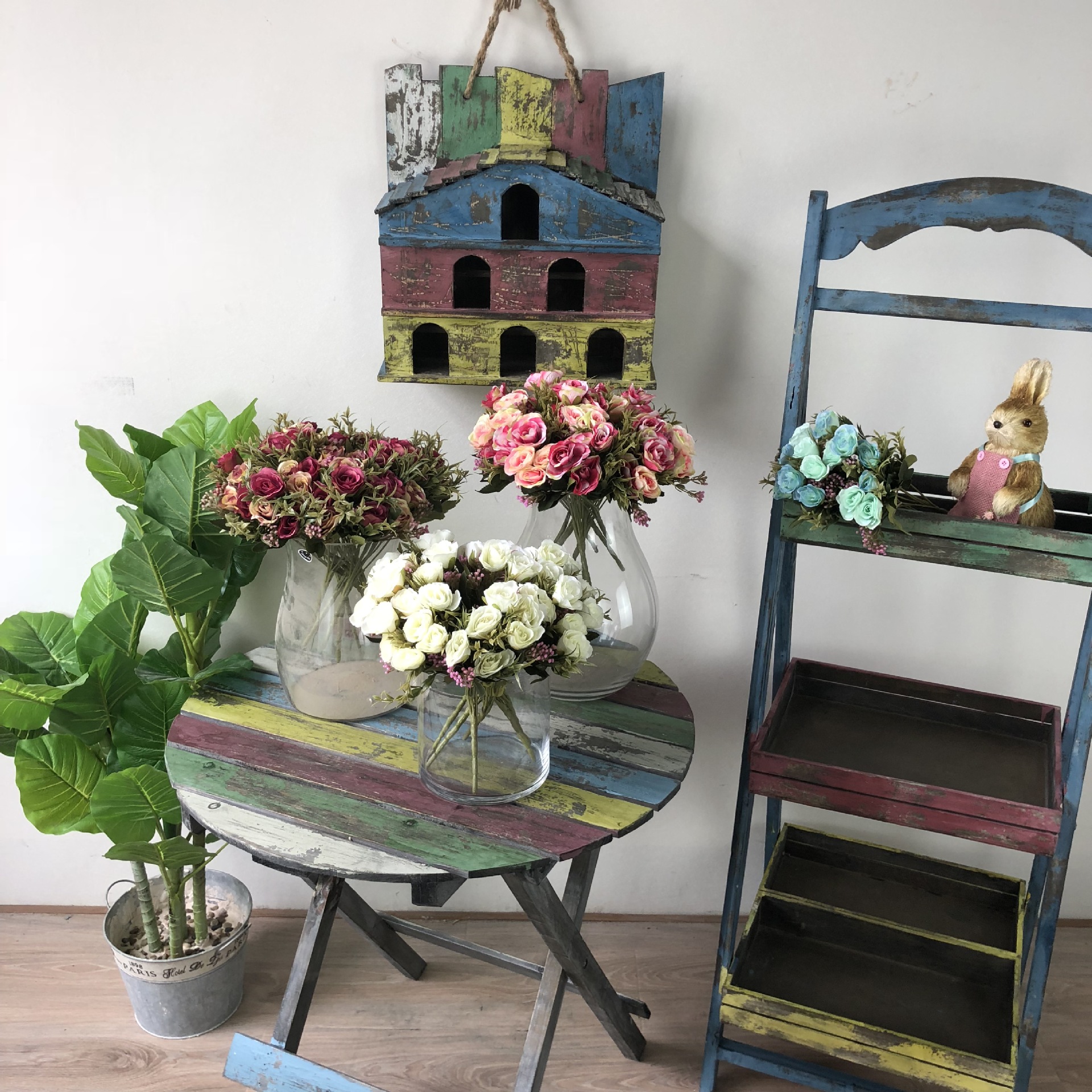 五彩做旧花园婚庆家居民宿酒店摆花折叠小桌子彩虹系列装饰装修