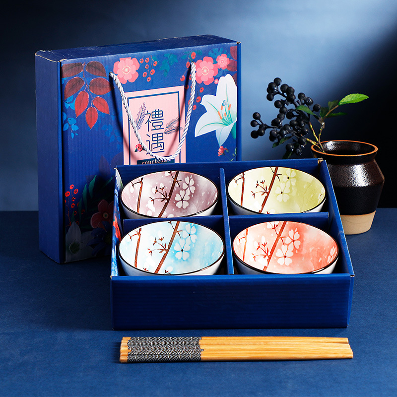 Japanese-Style Printed Bowl and Chopsticks Suit Blue and White Porcelain Ceramic Tableware Gift Box Meeting Sale Gift Factory Direct Sales Wholesale Bowl Set