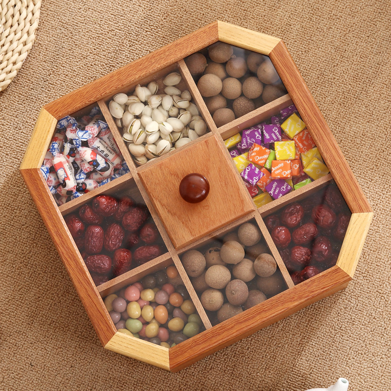Storage Box Wooden Household Grid with Lid Dried Fruit Nut Box Wooden Jiugongge Candy Box Melon Seeds Snack Box