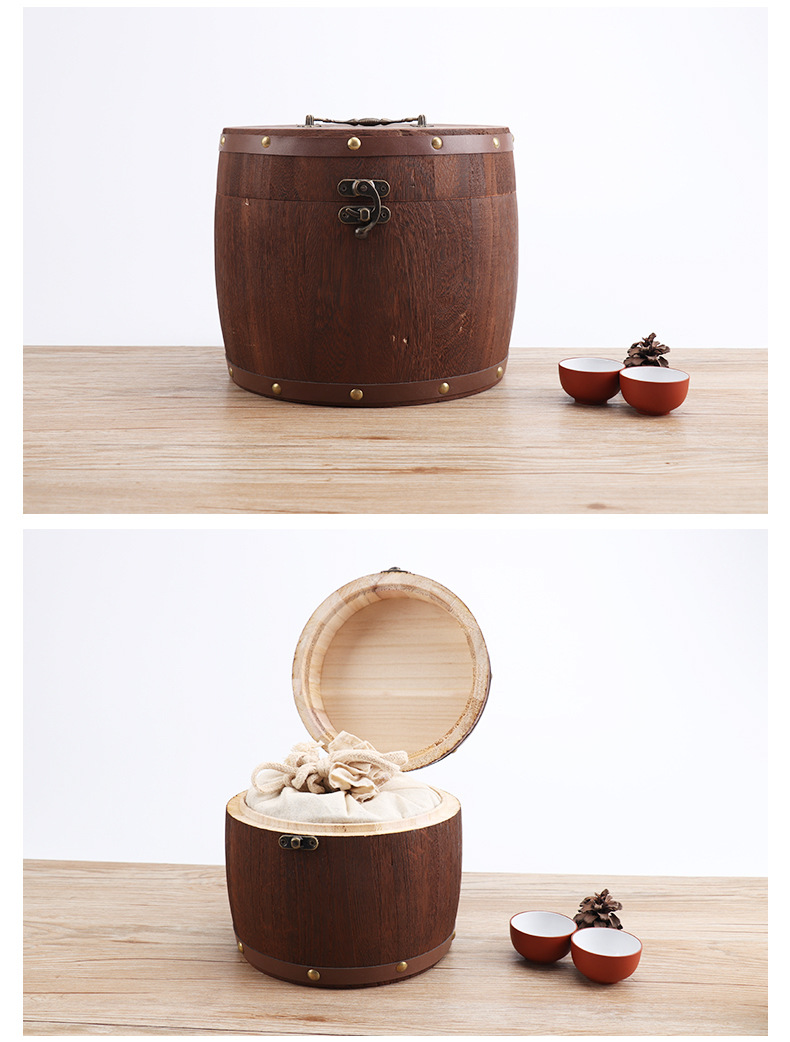茶叶木质小圆桶复古茶叶包装木盒茶叶礼品包装木桶带锁翻盖茶叶桶