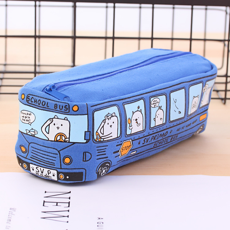 Korean Creative Student Stationery Small Animal Bus Pencil Case Bus Pencil Box for Men and Women Canvas Stationery Box