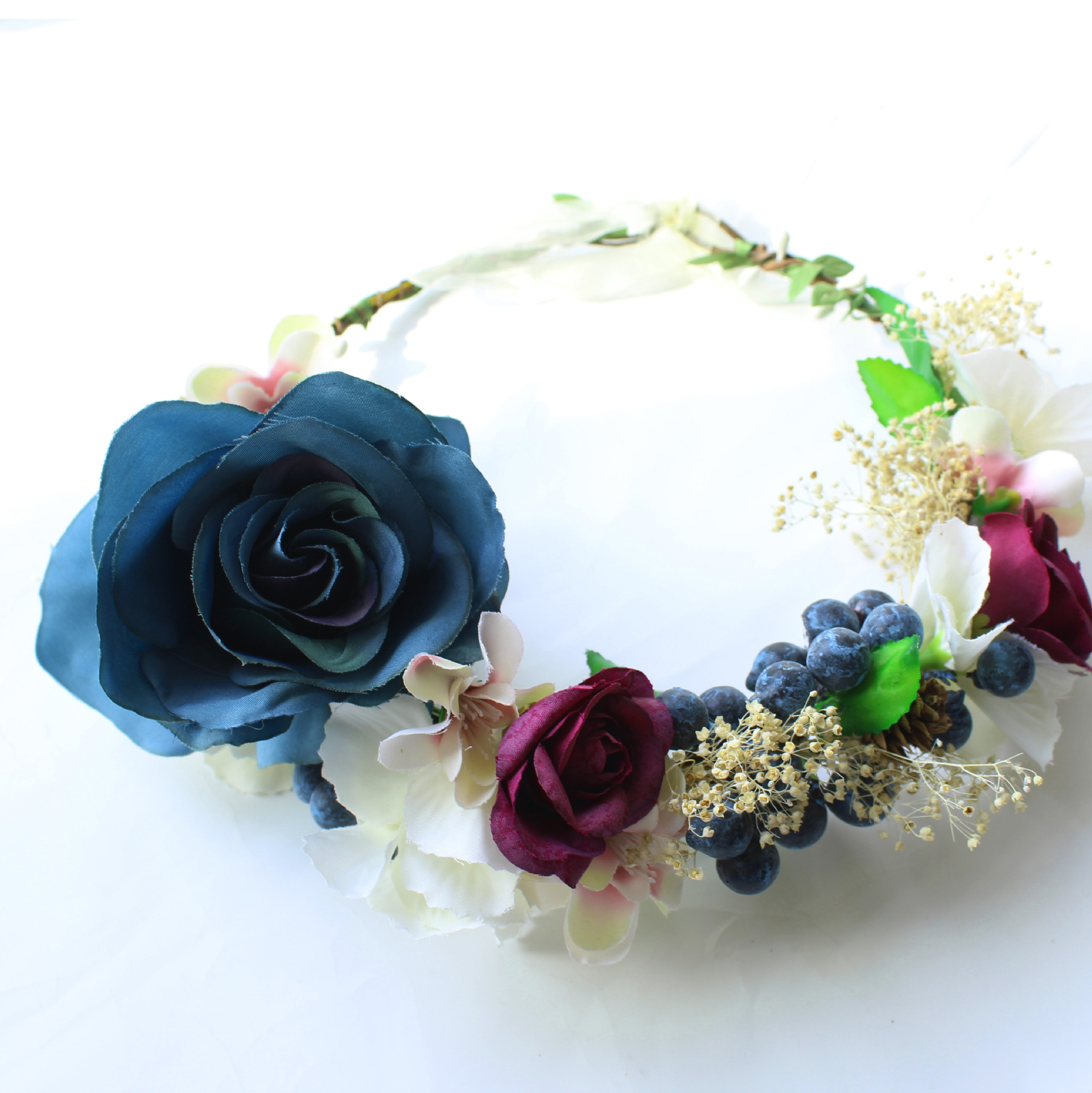 外贸新款复古蓝色玫瑰仿真浆果花朵花环头饰海边度假旅游拍照饰品
