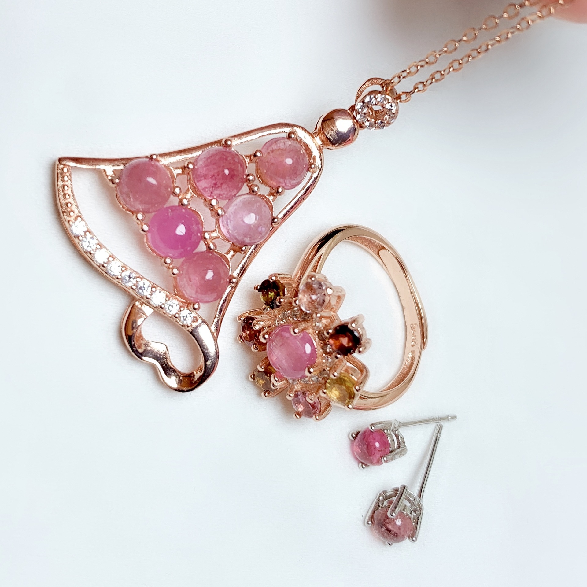 彩宝首饰925银镶嵌天然碧玺雪花套装款式独特 简单大方一件代发