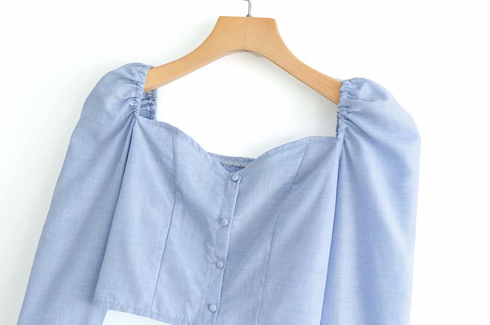 ftc-6315 v领单排扣泡泡长袖纯色罩衫