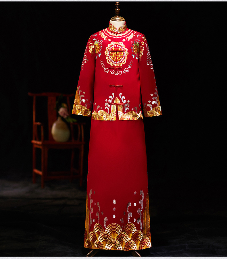 秀禾服男装2020新款婚礼红色绣花喜服男士新郎结婚敬酒服中式马褂