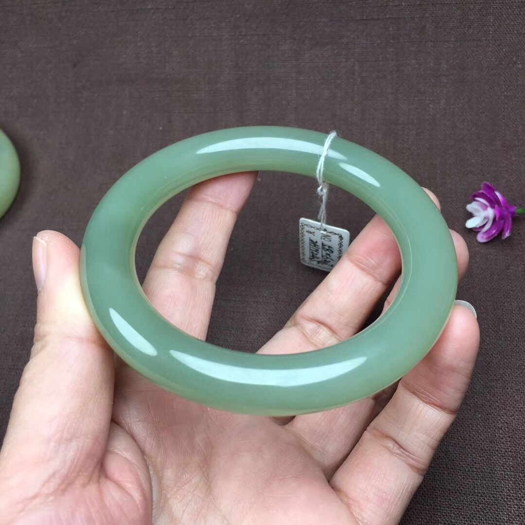 和田玉青海料冰地冰种满清水色圆条玉手镯老坑料 和田玉手镯证书