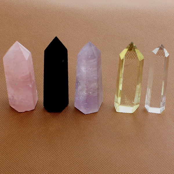 安居天然单尖紫白黄粉水晶六棱能量柱 原石摆件居家