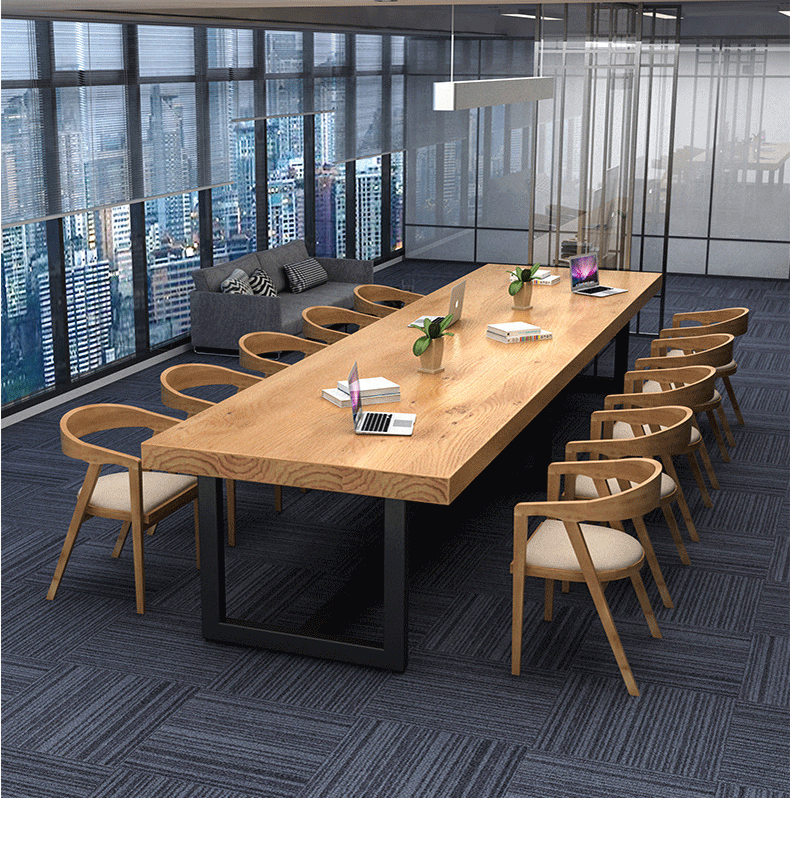 现代简约实木办公桌 工作室会议室多人会议桌 办公室铁艺电脑桌椅