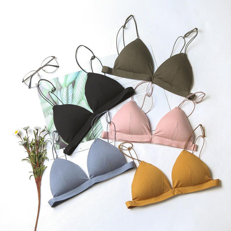 法式性感三角杯比基尼纯色带胸垫细带无钢圈内衣