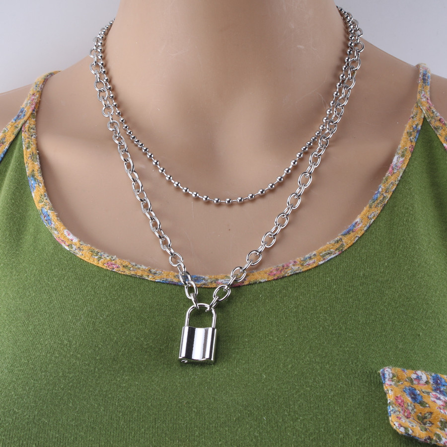欧美项链饰品 个性百搭双层锁型项饰女 合金链条朋克嘻哈项链