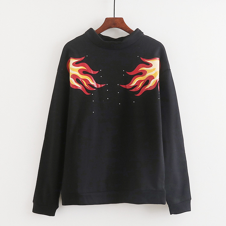 休闲款秋季新品女装 原宿风中高领火苗印花抓绒套头卫衣厚 b144
