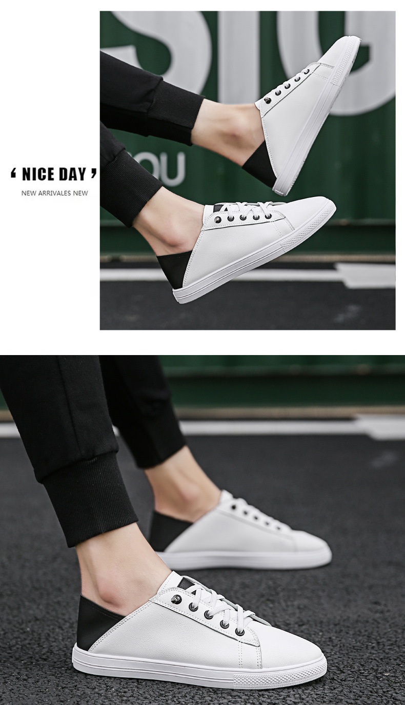 夏季白色男鞋2019新款百搭潮流半拖帆布休闲板鞋踩后跟小白布鞋男
