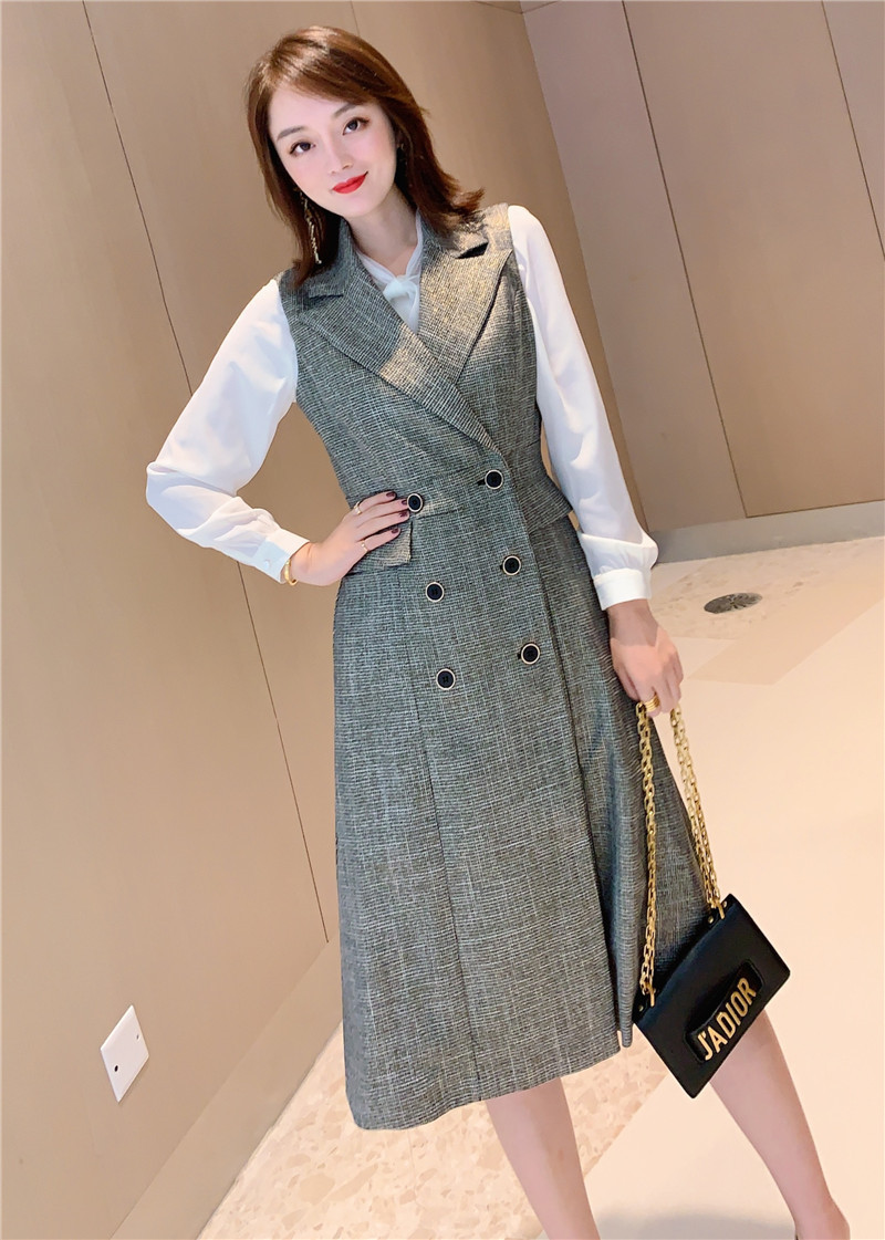 欧洲站欧货潮牌2019秋新款亮丝双排扣马甲背心裙一件代发