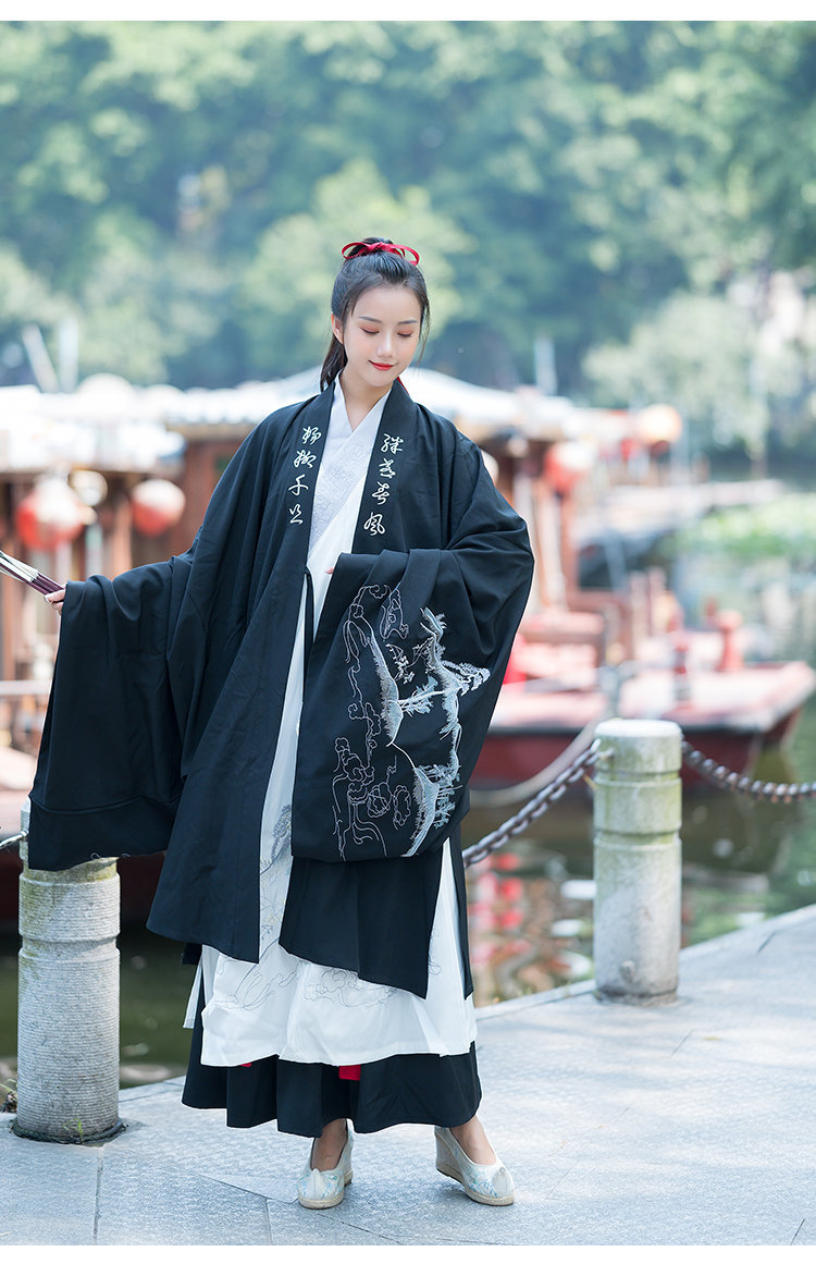 原创中国风汉服山水绣花交领长衫襦裙黑白大氅男女cp情侣套装