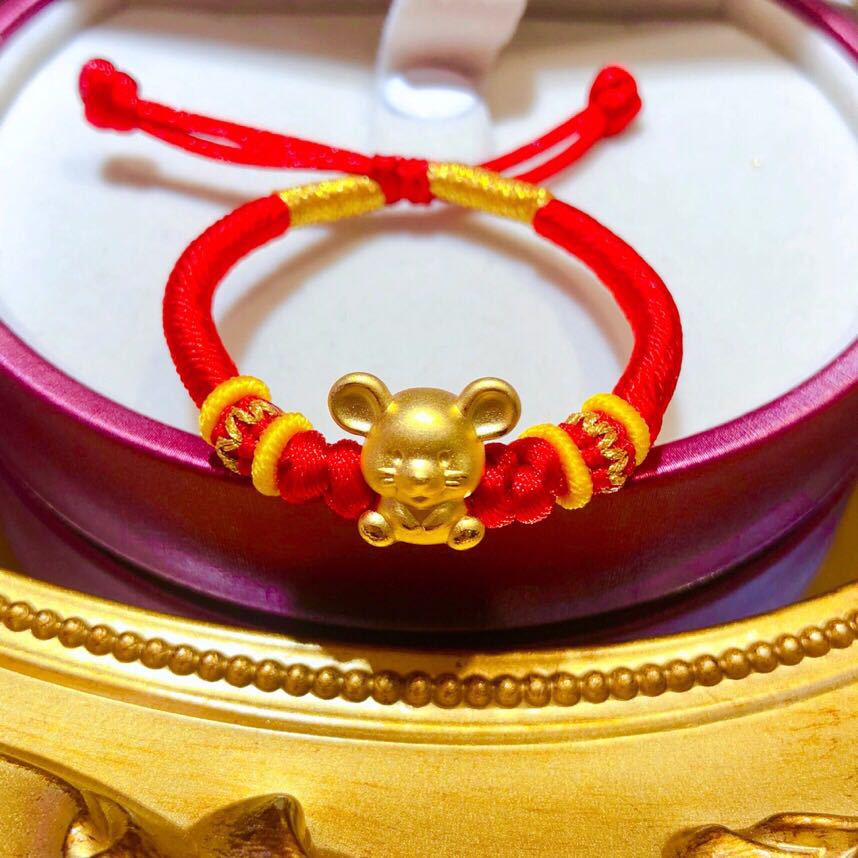 足金999 精品黄金生肖鼠红绳手链 3d硬金鼠年黄金手串 一件代发