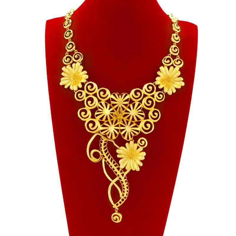 假黄金新娘结婚套装首饰黄铜镀金项链仿金花朵套链逼真橱窗金饰品