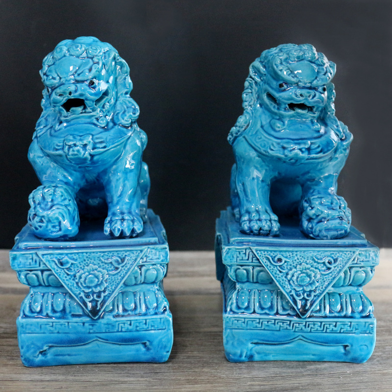 景德镇陶瓷雕塑大狮子对狮高温颜色釉蓝色狮子高温颜色釉装饰摆件