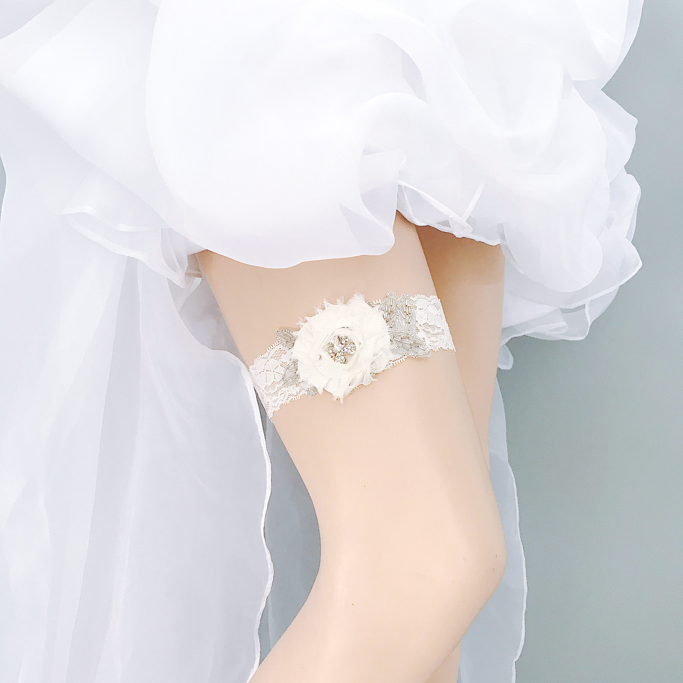 亚马逊弹力蕾丝新娘袜带新娘镶钻袜带白色盘花腿带腿圈