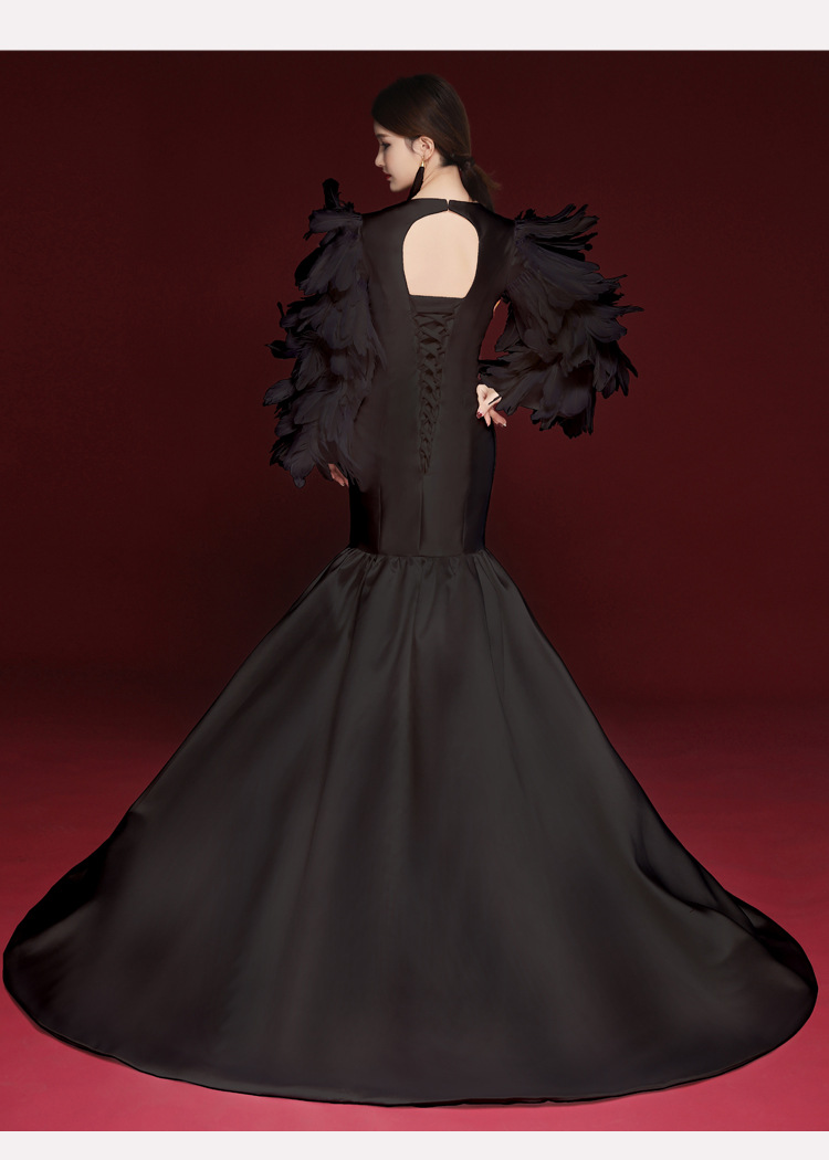 中国风性感晚礼服黑色羽毛演出礼服舞台走秀夸张旗袍长款优雅礼服