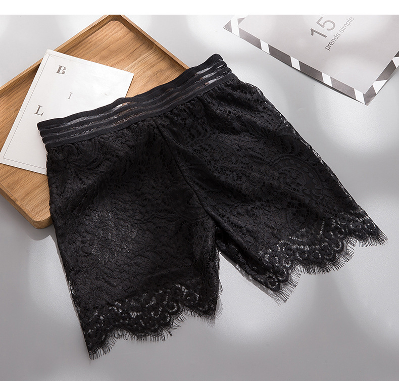 2019新款三分条纹蕾丝安全裤女镂空防走光外穿打底裤高腰双层短裤