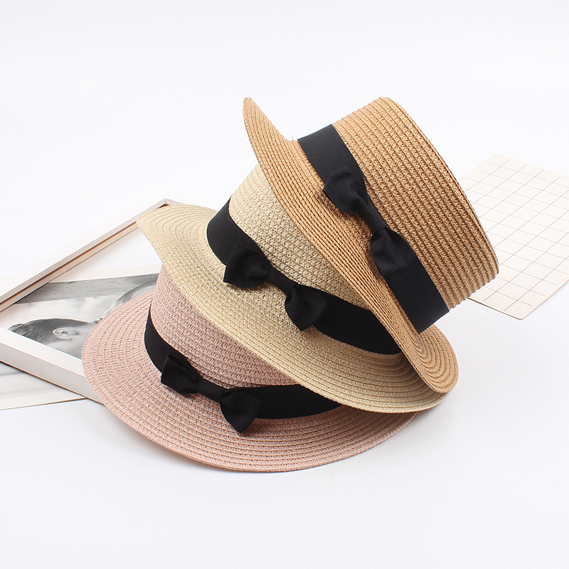 Spring and Summer Korean Straw Hat British Retro Europe and America Bow Flat Top Hat Sun-Proof Beach Hat