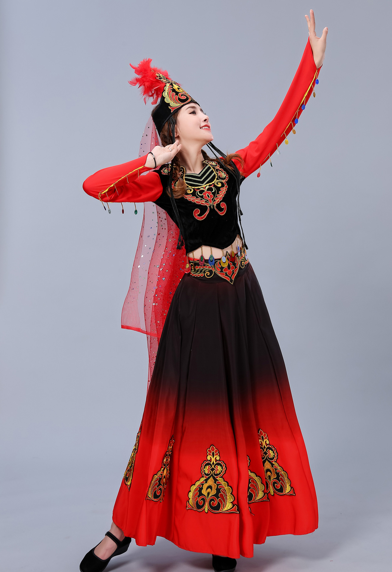 新款新疆舞蹈服装红色少数民族大摆裙演出服维吾尔族长裙表演服装