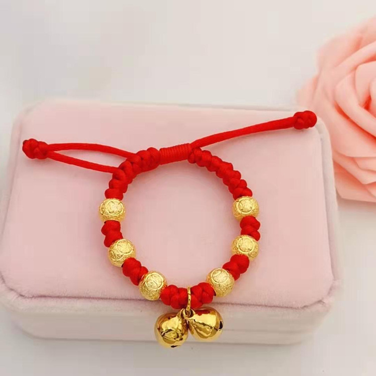 黄铜镀金铃铛转运珠儿童红绳手链仿黄金首饰手工编织小孩手环批发