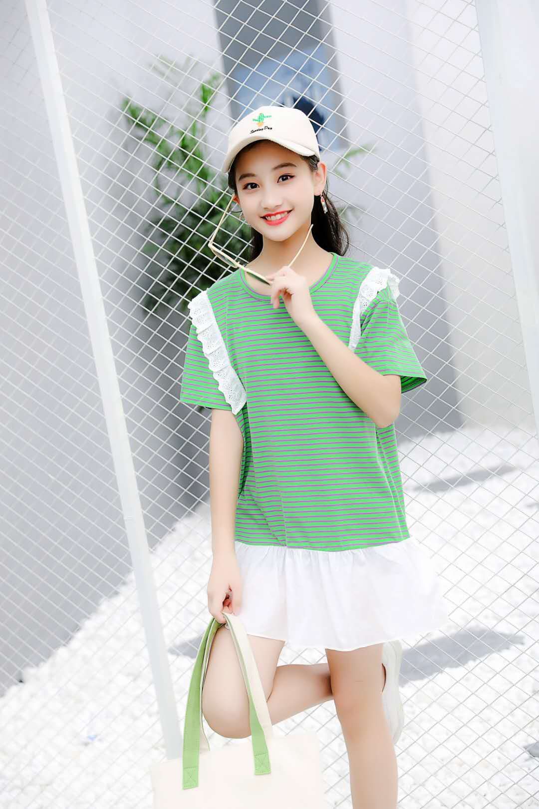 童装新款儿童夏季短袖t恤 女大童中长款t恤衫大女孩纯棉上衣