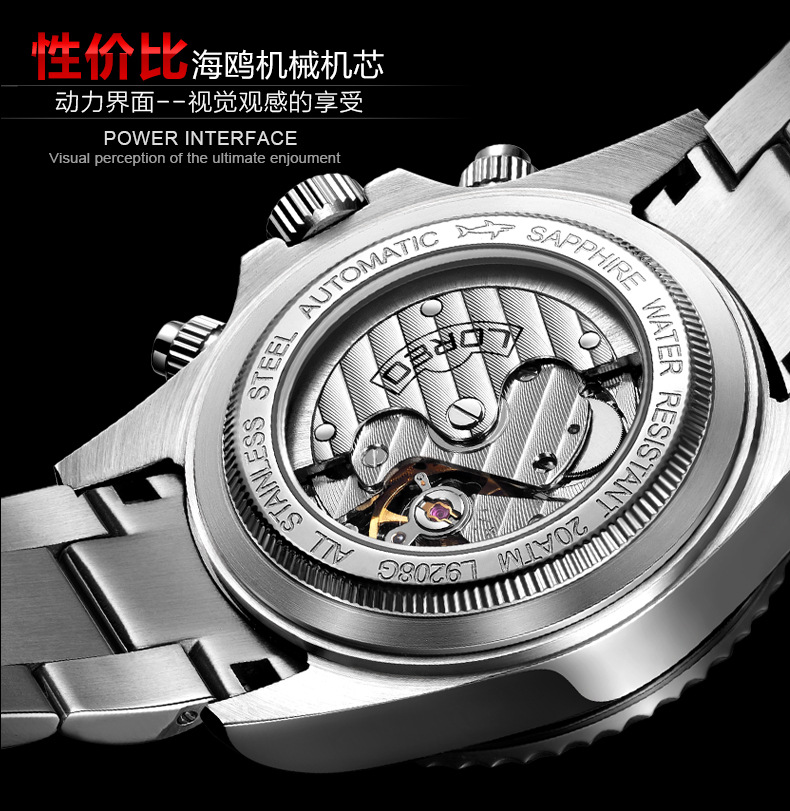 loreo雷力欧全自动机械表男表多功能运动手表男士防水赛车表精钢