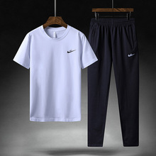 新款跑步健身运动休闲套装夏季男士大码宽松短袖T恤长裤棉两件套