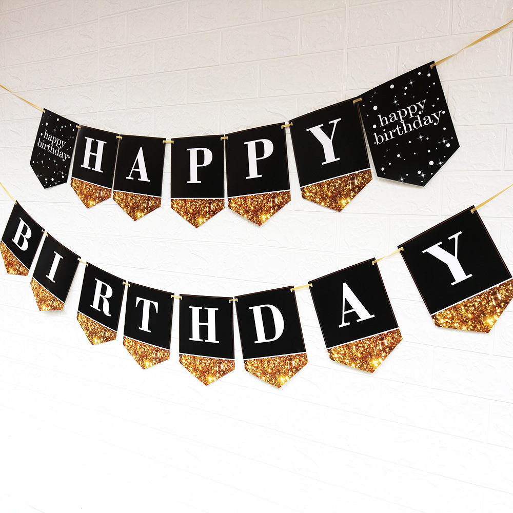 外贸热销大号方形黑色生日拉旗happy birthday字母拉花派对横幅